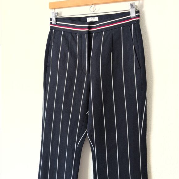 SANDRO Pants Navy White Striped Cotton Linen Boot Flare Womens Trouser 36FR 4US - Picture 6 of 7